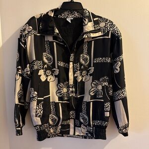 FU DA International Vintage Black Jacket with Cream Floral Accents 100% silk